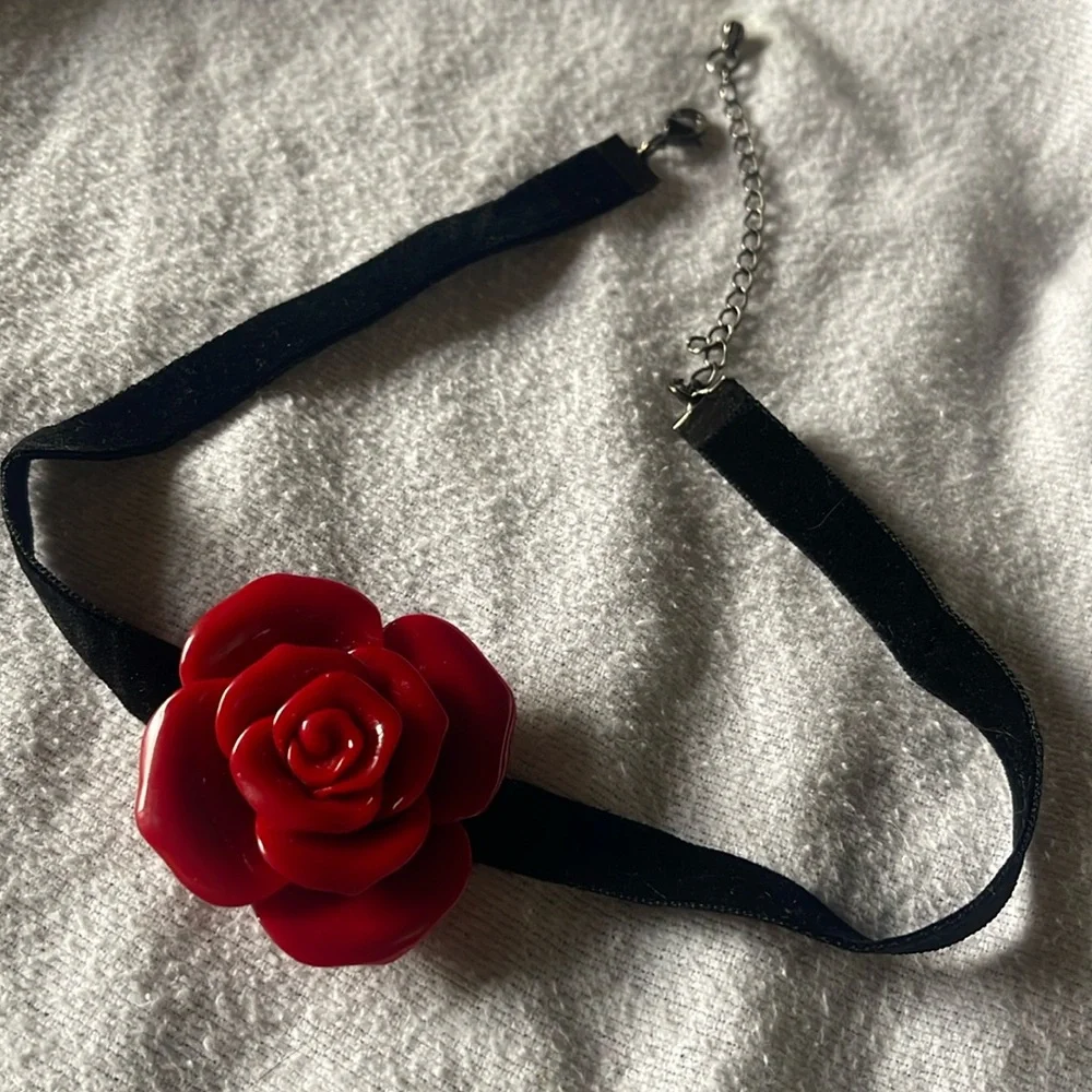 Vtg Velvet Black Ribbon w/ Red Resin Rose Choker, 17in - Picture 1 of 3